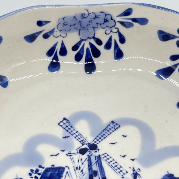 Vintage Delfts Blue by Holland Footed Scalloped Edge Bowl Dutch Windmill 3” Tall - Picture 5 of 11